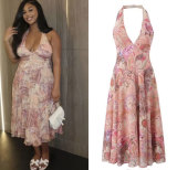 EVE V Neck Halterneck Backless Print Long Dress GMYU-9554