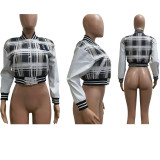 EVE Plaid Print Thickened Patchwork PU Leather Jacket CM-9535