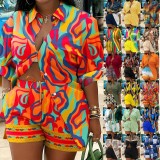 EVE Plus Size Print Long Sleeve Shirt Two Piece Short Set GSRX-9060