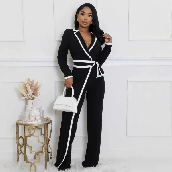 EVE Color Block Long Sleeve Tie Up Jumpsuit QYMF-3249