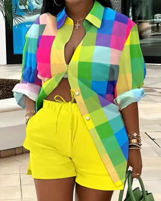 EVE Plus Size Print Long Sleeve Shirt Two Piece Short Set GSRX-9060