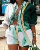 EVE Plus Size Print Long Sleeve Shirt Two Piece Short Set GSRX-9060