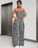 EVE Plus Size Wrap Chest Denim Loose Jumpsuit GAKF-A40707