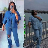 EVE Denim Long Sleeve Shirt Holes Jeans 2 Piece Set GMYU-6386