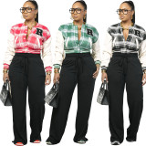 EVE Plaid Print Thickened Patchwork PU Leather Jacket CM-9535