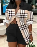 EVE Plus Size Print Long Sleeve Shirt Two Piece Short Set GSRX-9060