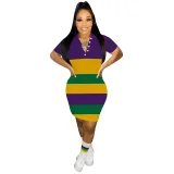 EVE Stripe Shirt Neck Short Sleeve Midi Dress GYXF-4662