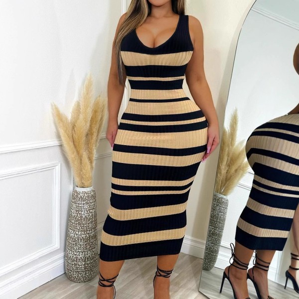 EVE Sleeveless Stripe Print Long Dress GWSF-T479309673