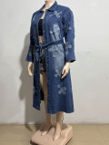 EVE Plus Size Denim Cross Embroidered Long Trench Coat GAKF-A41016