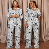 EVE Newspaper-Printed Belt Long-Sleeve Pants Set BMF-TW507