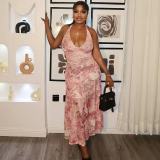 EVE V Neck Halterneck Backless Print Long Dress GMYU-9554