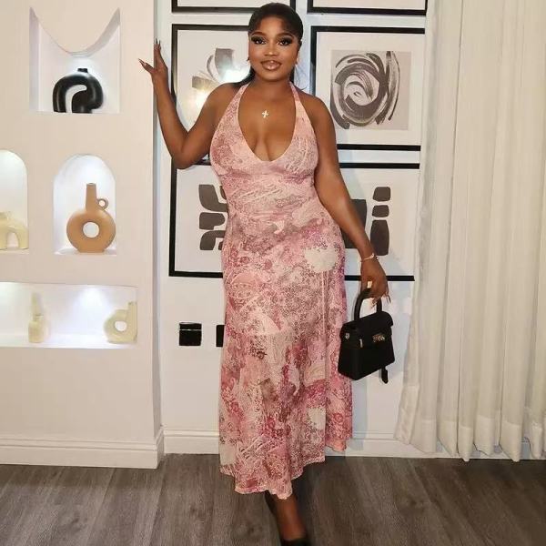 EVE V Neck Halterneck Backless Print Long Dress GMYU-9554