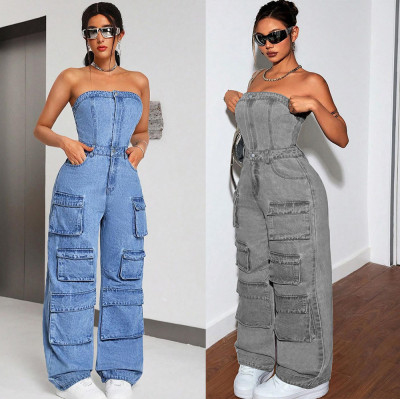 EVE Plus Size Wrap Chest Denim Loose Jumpsuit GAKF-A40707