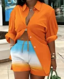 EVE Plus Size Print Long Sleeve Shirt Two Piece Short Set GSRX-9060