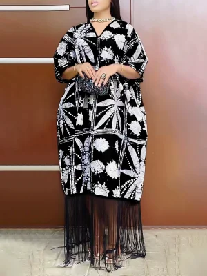EVE Plus Size V Neck Tassel Loose Print Maxi Dress GWSF-T502855095