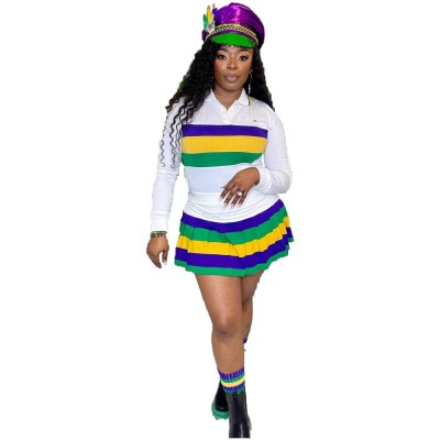 EVE Plus Size Sport Stripe Color Block Two Piece Skirts Set GYXF-8086