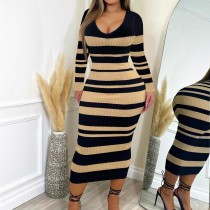 EVE Stripe Print Long Sleeve Midi Dress GWSF-T239797084