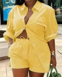 EVE Plus Size Print Long Sleeve Shirt Two Piece Short Set GSRX-9060