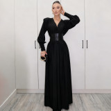 EVE Retro Waist Cincher V-Neck Long-Sleeve Maxi Dress XEF-K25D83120