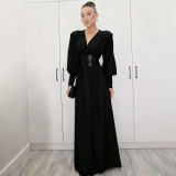 EVE Retro Waist Cincher V-Neck Long-Sleeve Maxi Dress XEF-K25D83120