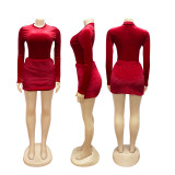 EVE Long Sleeve Solid Bodysuit Fuzzy Skirt 2 Piece Set BMF-TW779