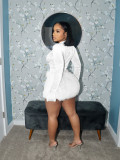 EVE Long Sleeve Solid Bodysuit Fuzzy Skirt 2 Piece Set BMF-TW779