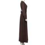 EVE Retro Waist Cincher V-Neck Long-Sleeve Maxi Dress XEF-K25D83120