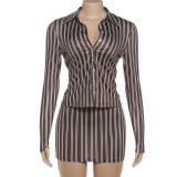 EVE Stripe Long Sleeve Lapel Shirt Skirt Suit DLSF-K25S83017