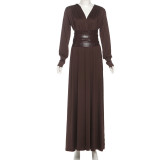 EVE Retro Waist Cincher V-Neck Long-Sleeve Maxi Dress XEF-K25D83120