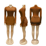 EVE Long Sleeve Solid Bodysuit Fuzzy Skirt 2 Piece Set BMF-TW779