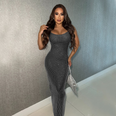 EVE Mesh Hot Drill Backless Maxi Dress BY-7551