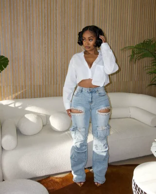 EVE Hot Drill Multi-pockets Loose Jeans YUMT-YMT402