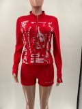 EVE Zipper Long Sleeve Print Short Suit GMJL-XH2200