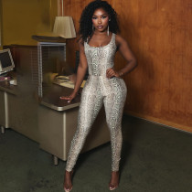 EVE Snake Print Sleeveless Backless Bodysuit Pants Suit XEF-K25S84267