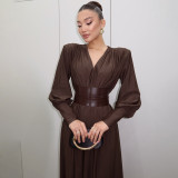 EVE Retro Waist Cincher V-Neck Long-Sleeve Maxi Dress XEF-K25D83120
