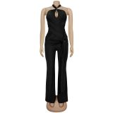 EVE Solid Color Halterneck Tie Jumpsuit BY-7570