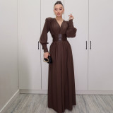 EVE Retro Waist Cincher V-Neck Long-Sleeve Maxi Dress XEF-K25D83120