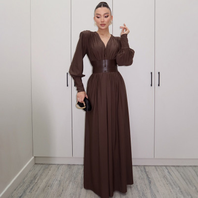 EVE Retro Waist Cincher V-Neck Long-Sleeve Maxi Dress XEF-K25D83120