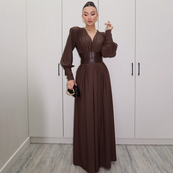 EVE Retro Waist Cincher V-Neck Long-Sleeve Maxi Dress XEF-K25D83120