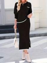 EVE Plus Size O Neck Long Sleeve Tops Split Long Skirt Suit GAWE-6714