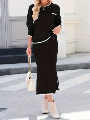 EVE Plus Size O Neck Long Sleeve Tops Split Long Skirt Suit GAWE-6714