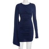 EVE Solid Color Long Sleeve Pleated Mini Dress GSZM-D25DS472