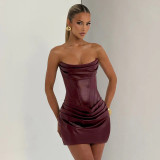 EVE Wrap Chest PU Leather Pleated Mini Dress GSZM-D25DS451