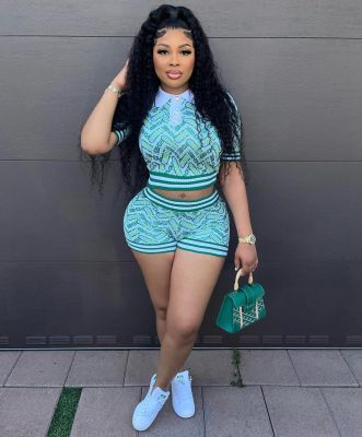 EVE Plus Size Retro Patchwork Ribbed Top And Shorts Set GMOY-X2342