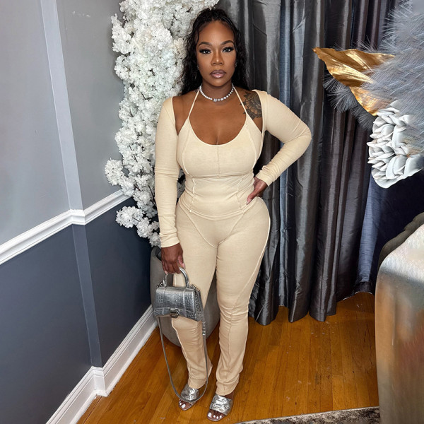 EVE Solid Color U Neck Long Sleeve Pants 3 Piece Set MXBF-D25ST438