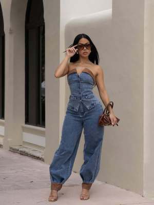 EVE Fashion Denim Wrap Chest Two Piece Pants Set  MEM-88669