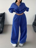 EVE Plus Size Solid Color Zipper Loose Two Piece Pants Set GAWE-6722