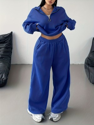 EVE Plus Size Solid Color Zipper Loose Two Piece Pants Set GAWE-6722