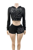 EVE Letter Print Long Sleeve Hooded Shorts Suit GFCF-1416