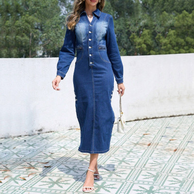 EVE Lapel Neck Long Sleeve Denim Maxi Dress GDAM-218776
